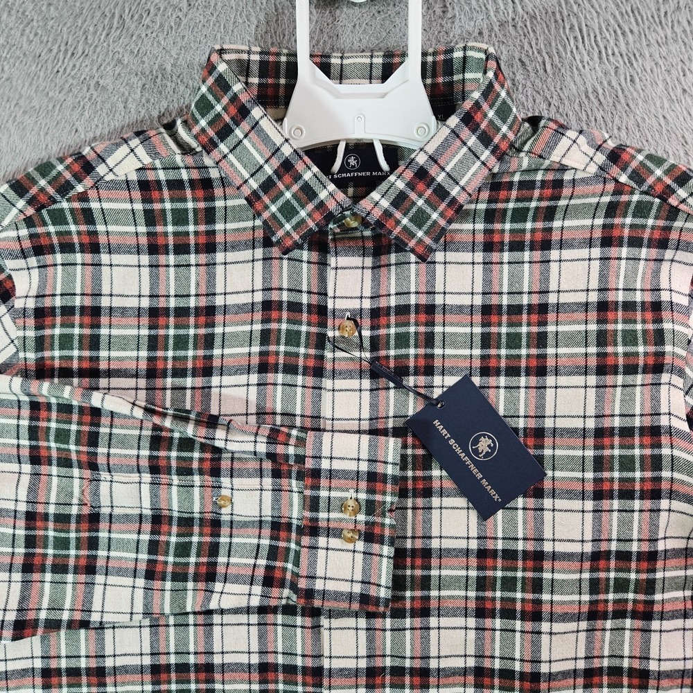 $150 NEW Hart Schaffner Marx Flannel Shirt Men XL Button Red White Plaid Soft